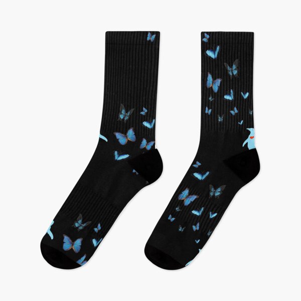Item preview, Black background Penguin with butterflies in blue with red heart designed and sold by SBPenguins.
