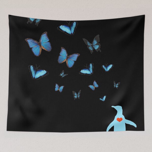 Item preview, Black background Penguin with butterflies in blue with red heart designed and sold by SBPenguins.