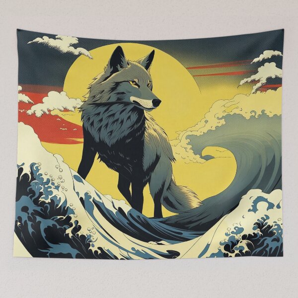 Item preview, Wolf amongst Hokusai waves with a rising sun and clouds in pop art design designed and sold by Meena-tta.
