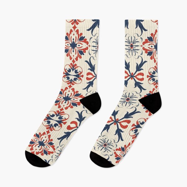 Item preview, Seamless beige pattern with red and blue ornaments designed and sold by exitbird.