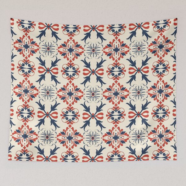 Item preview, Seamless beige pattern with red and blue ornaments designed and sold by exitbird.