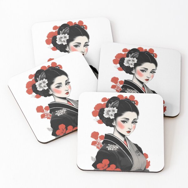 Item preview, Geisha with red flowers and black and gray kimono designed and sold by GlowVibe.