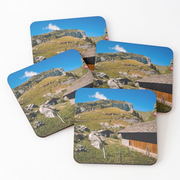 Item preview, Wooden barn and swiss flag in Alpine landscape designed and sold by svanaerschot.
