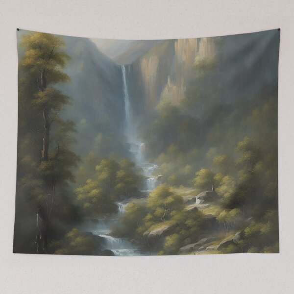 Item preview, Tranquil waterfall and pine landscape designed and sold by TheScruffyGoose.