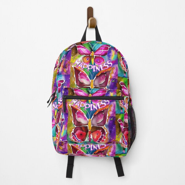 Item preview, Happiness: two watercolor style butterflies with outstretched wings in fuchsia, garnet and brown tones on a multicolored background; Happiness written on the image designed and sold by Creativesphotos.