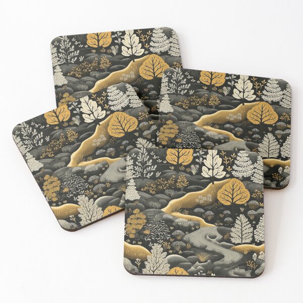 Item preview, Autumn woodland print with a river, trees and yellow flowers designed and sold by exitbird.