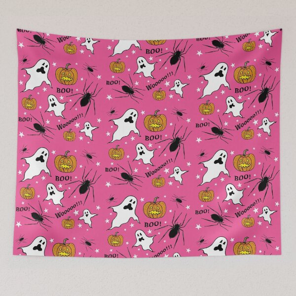 Item preview, Ghosts, Spiders, Pumpkins, Boo!, Wooooo!!! + Stars - Pink Background designed and sold by Helen McCartney Designs.