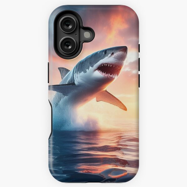 Aperçu de l'œuvre Grand requin blanc sautant hors de l'eau au coucher du soleil créée et vendue par ART-POD-PL.