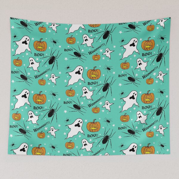 Item preview, Ghosts, Spiders, Pumpkins, Boo!, Wooooo!!! + Stars - Green Background designed and sold by Helen McCartney Designs.