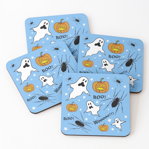 Item preview, Ghosts, Spiders, Pumpkins, Boo!, Wooooo!!! + Stars - Blue Background designed and sold by Helen McCartney Designs.