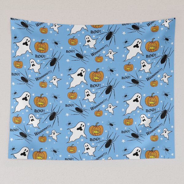 Item preview, Ghosts, Spiders, Pumpkins, Boo!, Wooooo!!! + Stars - Blue Background designed and sold by Helen McCartney Designs.