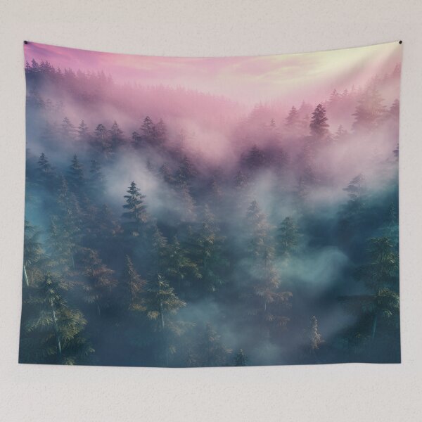 Item preview, Neon pink blue green light pine forest dawn designed and sold by zand-n-zive.