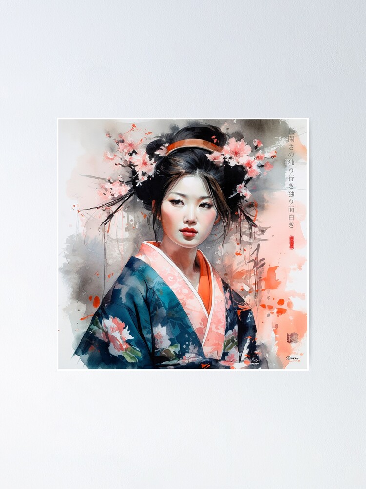 Japanese, maiko, haiku, geisha, portrait, watercolor, painting 