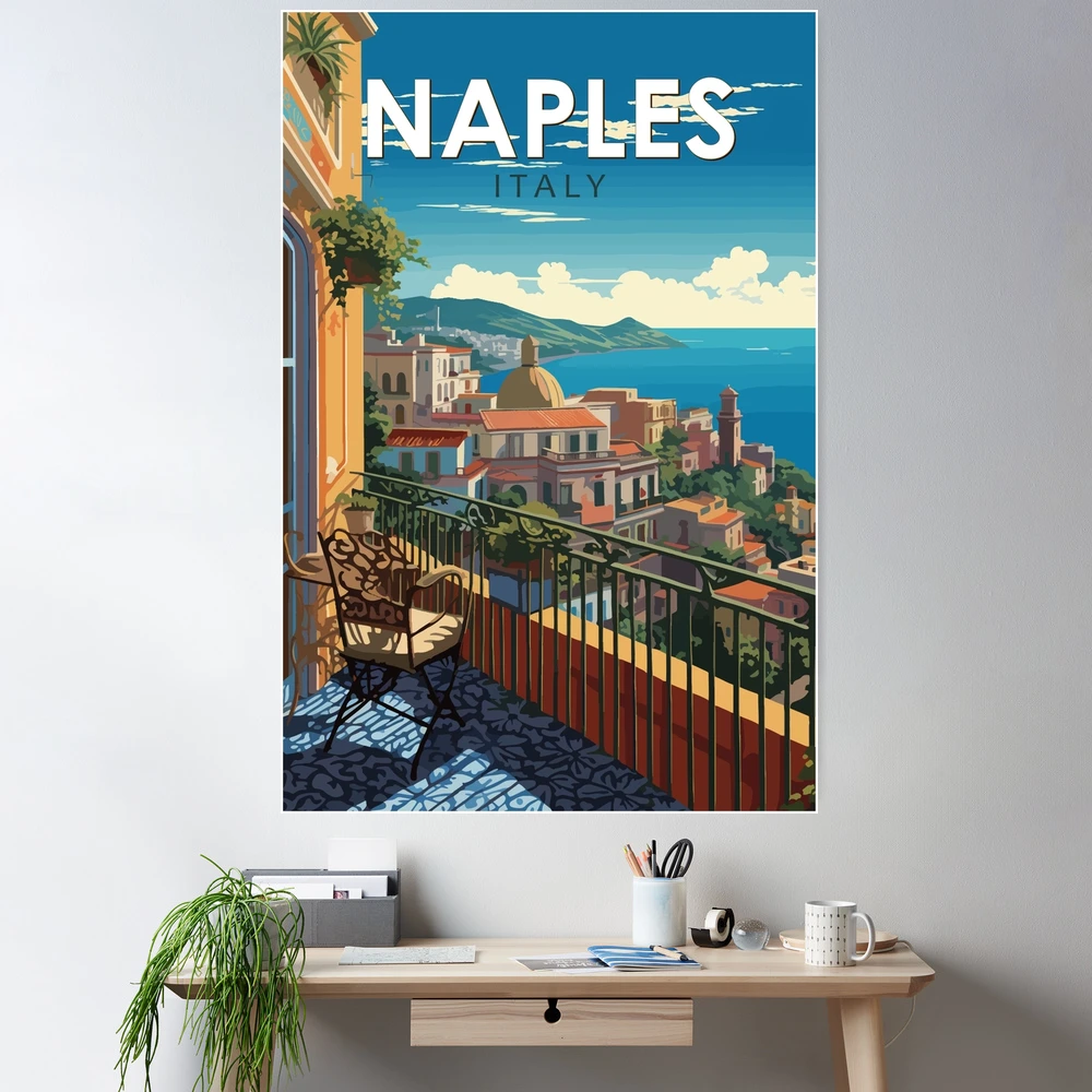 Affiche Vintage Naples Italie - Poster De Voyage Style Rétro - Déco Murale Prête à Encadrer