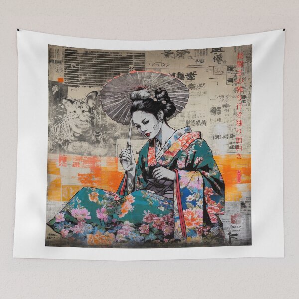 Item preview, Japanese, maiko, haiku, geisha, portrait, watercolor, painting, geiko, japan, nihonga, sumi-e, kimono, sakura, floral, cherry blossom designed and sold by KsaveraArt.