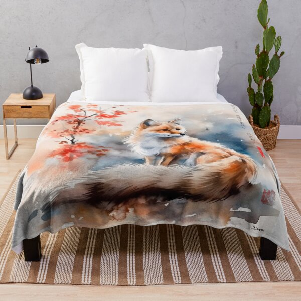 Item preview, Japanese, fox, haiku, geisha, sunset, watercolor, painting, sunrise, japan, nihonga, sumi-e, zen, sakura, floral, cherry blossom designed and sold by KsaveraArt.