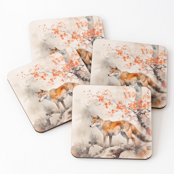 Item preview, Japanese, fox, haiku, geisha, sunset, watercolor, painting, sunrise, japan, nihonga, sumi-e, zen, sakura, floral, cherry blossom designed and sold by KsaveraArt.
