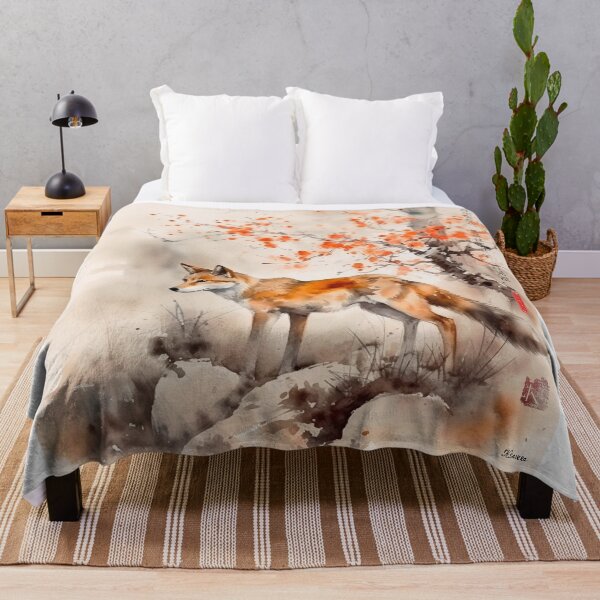 Item preview, Japanese, fox, haiku, geisha, sunset, watercolor, painting, sunrise, japan, nihonga, sumi-e, zen, sakura, floral, cherry blossom designed and sold by KsaveraArt.