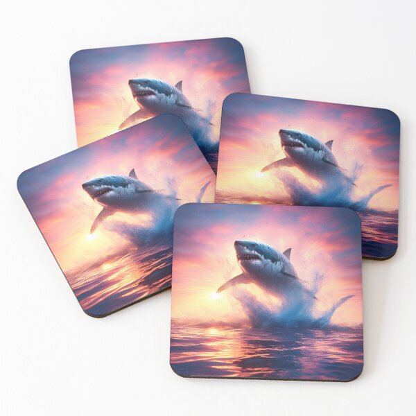 Item preview, A white shark jumping out of the water at sunset. designed and sold by ART-POD-PL.