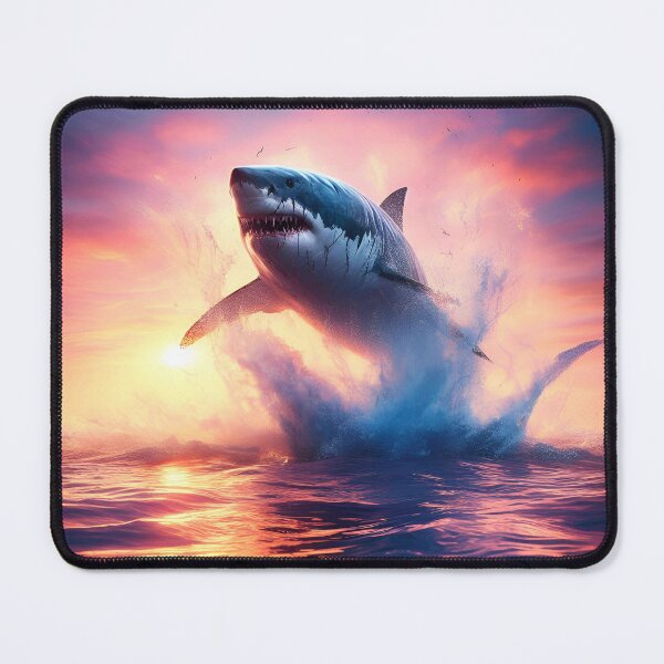 Item preview, A white shark jumping out of the water at sunset. designed and sold by ART-POD-PL.