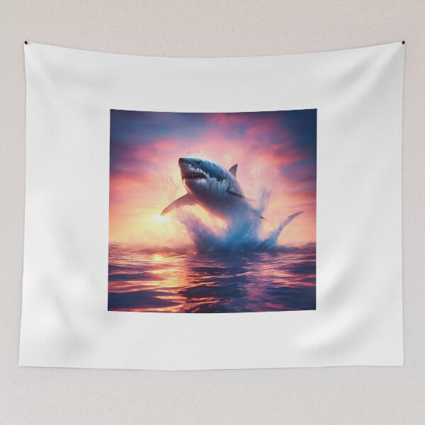 Item preview, A white shark jumping out of the water at sunset. designed and sold by ART-POD-PL.