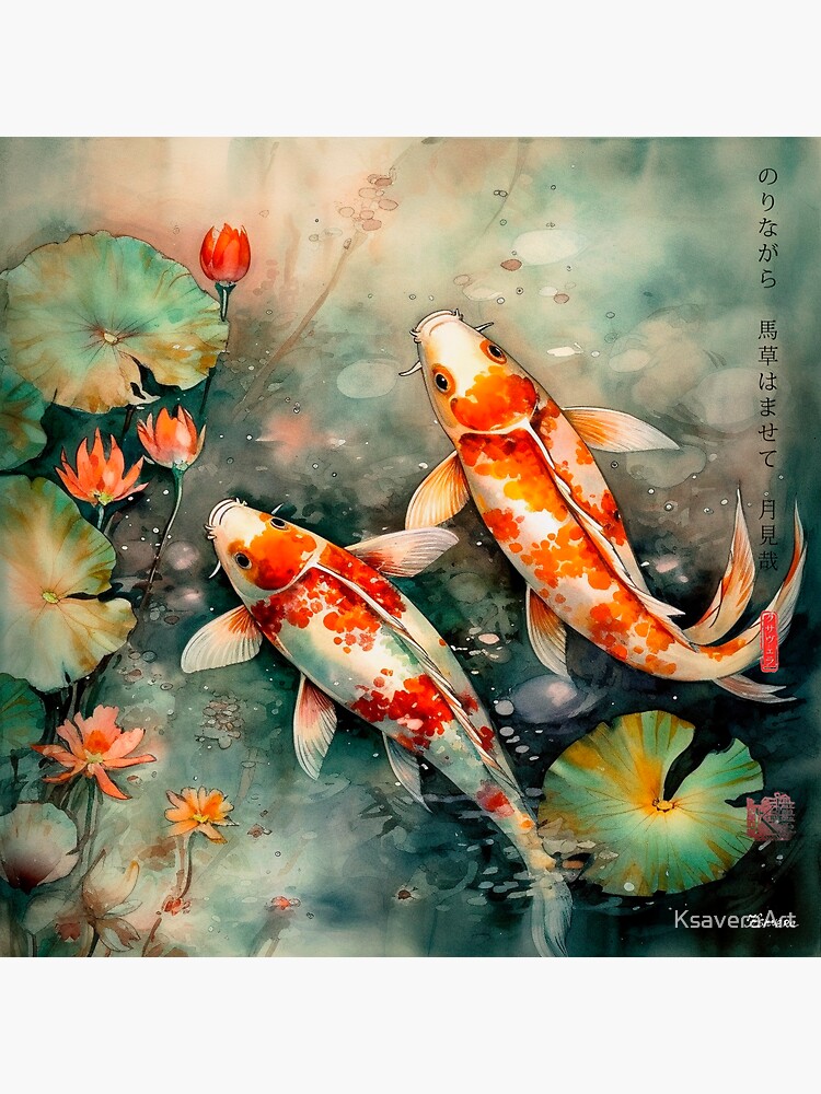 Japanese, koi fishes, haiku, geisha, sunset, watercolor, painting, sunrise,  japan, nihonga, sumi-e, zen, sakura, floral, cherry blossom | Sticker