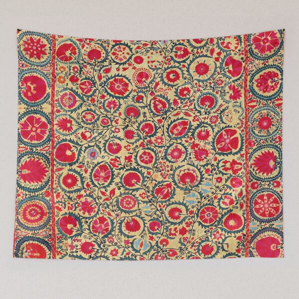 Item preview, ANTIQUE RED BLUE CREAM FLORAL UZBEK SUZANI EMBROIDERY,POMEGRANATE FLOWERS designed and sold by BulganLumini.