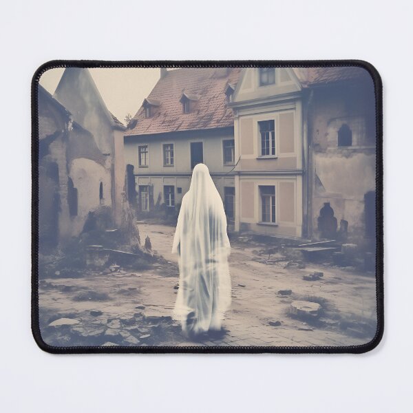 Item preview, Ghost walking through an abandoned village designed and sold by AI-Only Creations.