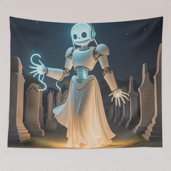 Item preview, a ghost robot walking the cemetery of forever. designed and sold by MidknightBpaw.