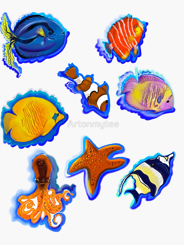 Best fishing gifts for fish lovers top 10 Fishes. Octopus, starfish and  tropical fish | Sticker