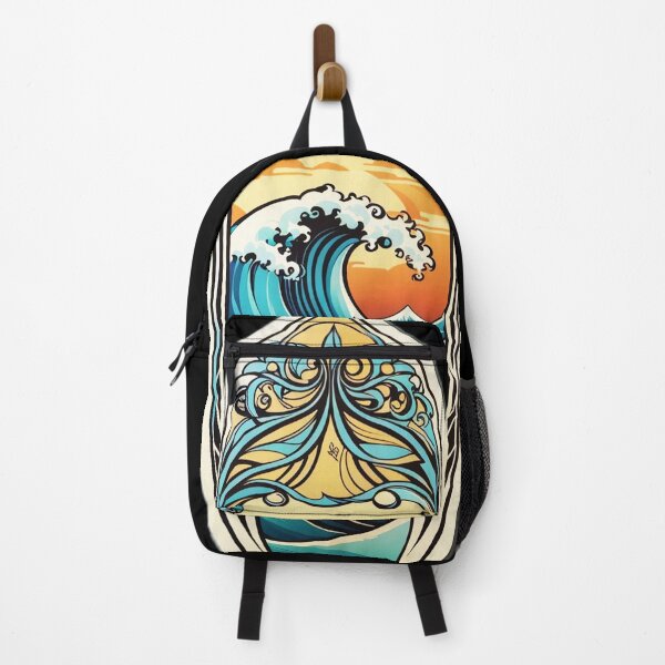 Item preview, Art Nouveau Surfboard with Retro Waves at Sunset designed and sold by NautiChic.