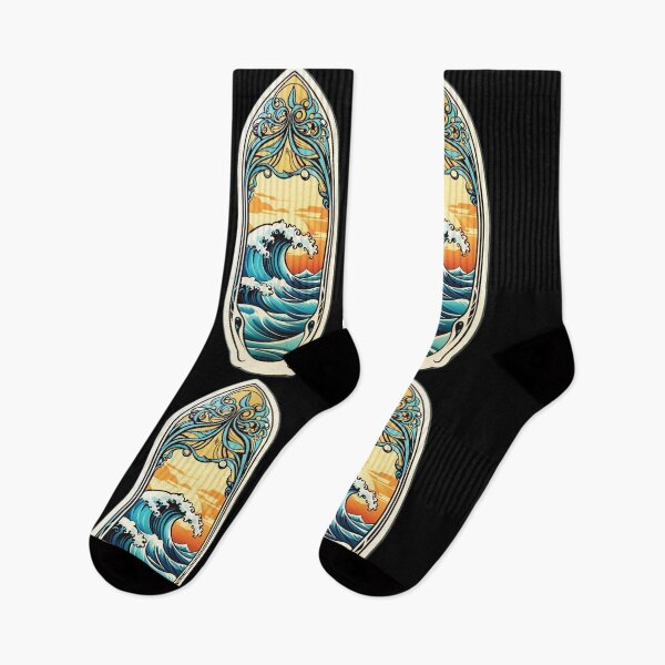 Item preview, Art Nouveau Surfboard with Retro Waves at Sunset designed and sold by NautiChic.
