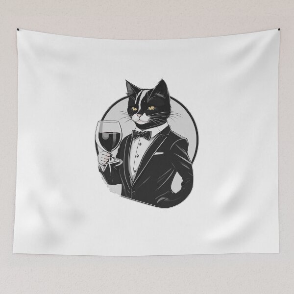 Item preview, cat in a black suit drinking wine designed and sold by cutiepie11cats.