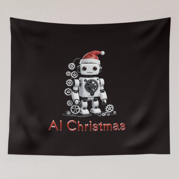 Artikelvorschau, Al Christmas – Roboter mit Weihnachtsmannmütze, schwarzem Hintergrund. entworfen und verkauft von My-fake-places.