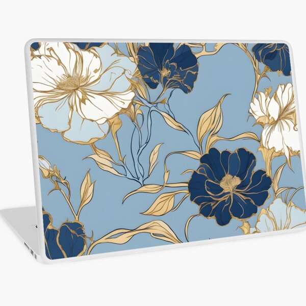 Aperçu de l'œuvre Elegarta Design - Art nouveau - Mucha Inspired Art - Fleur vintage avec bordure dorée en motif de fond bleu créée et vendue par Mucha-style-art.