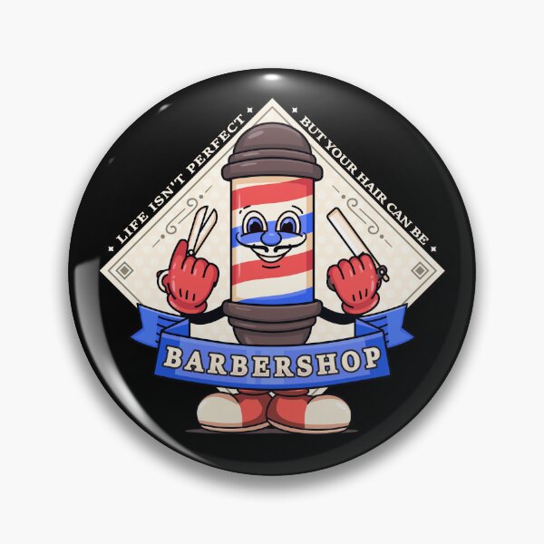 Item preview, Barbershop, barber pole cartoon characters holding scissors and razors designed and sold by Kevyn Adha.