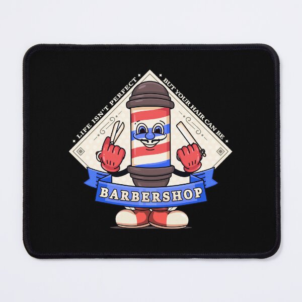 Item preview, Barbershop, barber pole cartoon characters holding scissors and razors designed and sold by Kevyn Adha.