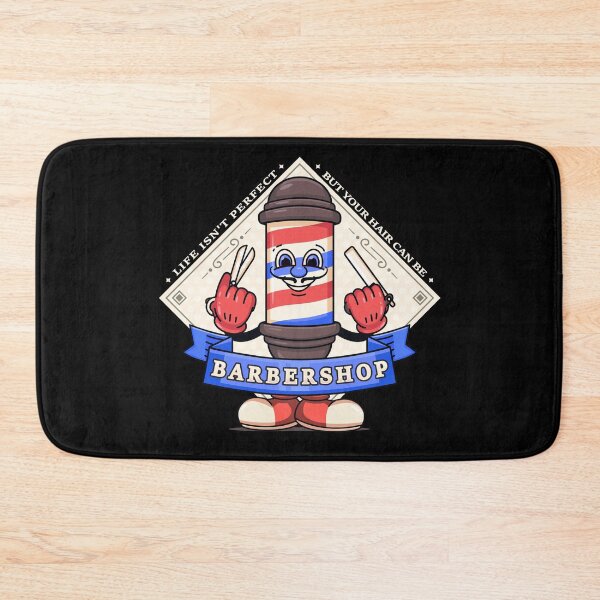 Item preview, Barbershop, barber pole cartoon characters holding scissors and razors designed and sold by Kevyn Adha.