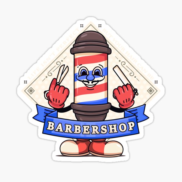Artikel-Vorschau von Barbershop, Barber Pole-Cartoon-Figuren mit Scheren und Rasiermessern, designt und verkauft von Kevyn Adha.