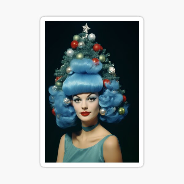 Kitsch Christmas 1960s 60s retro blue christmas tree woman greeting card Sticker
