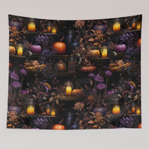 Item preview, Dark Botanical Witch Shelf With Pumpkin Art Spooky Print designed and sold by FoxTreeDesign.