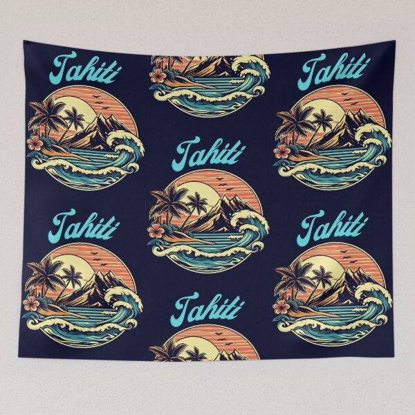 Item preview, Tahiti Sunset Island Palm Trees and Waves Retro Vintage designed and sold by TsunamiBlue.