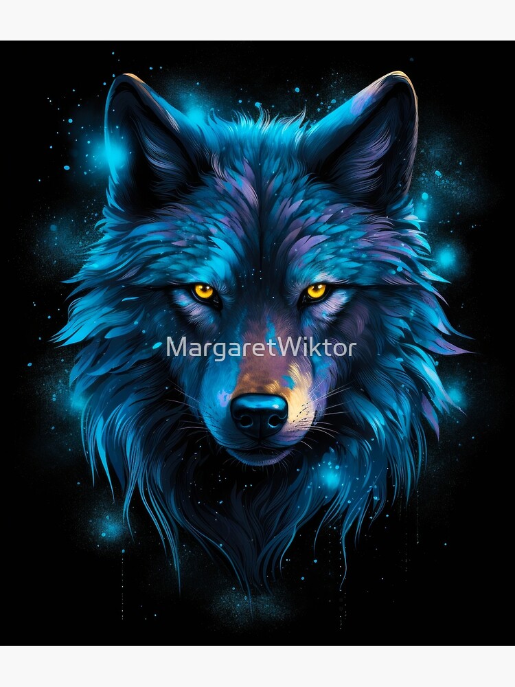 Navy Wolf ページになります Blue neon wolf on black poster illustration.