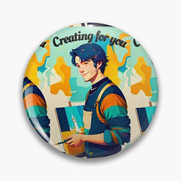 Item preview, A young painter, brush in hand, in multicolored clothes, posing near his painting placed on an easel; inscription: Creating for you at the top of the image designed and sold by Creativesphotos.