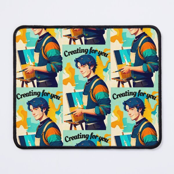 Item preview, A young painter, brush in hand, in multicolored clothes, posing near his painting placed on an easel; inscription: Creating for you at the top of the image designed and sold by Creativesphotos.
