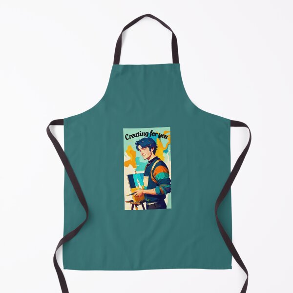 Item preview, A young painter, brush in hand, in multicolored clothes, posing near his painting placed on an easel; inscription: Creating for you at the top of the image designed and sold by Creativesphotos.