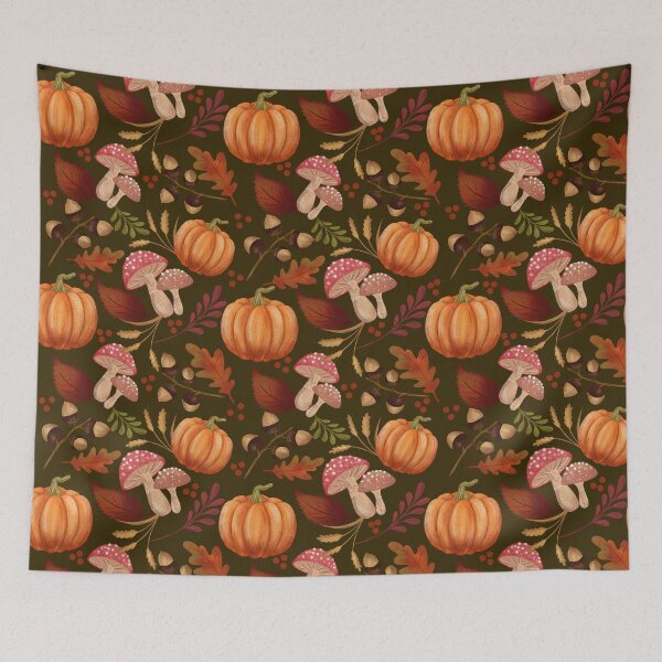 Item preview, Pumpkin, Mushroom and Acorns Pattern Green Background designed and sold by ByAllyAlly.