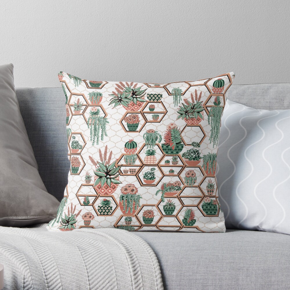 hexagon geometric pattern, 2020, cacti garden, Cacti and Succulent Garden Throw Pillow