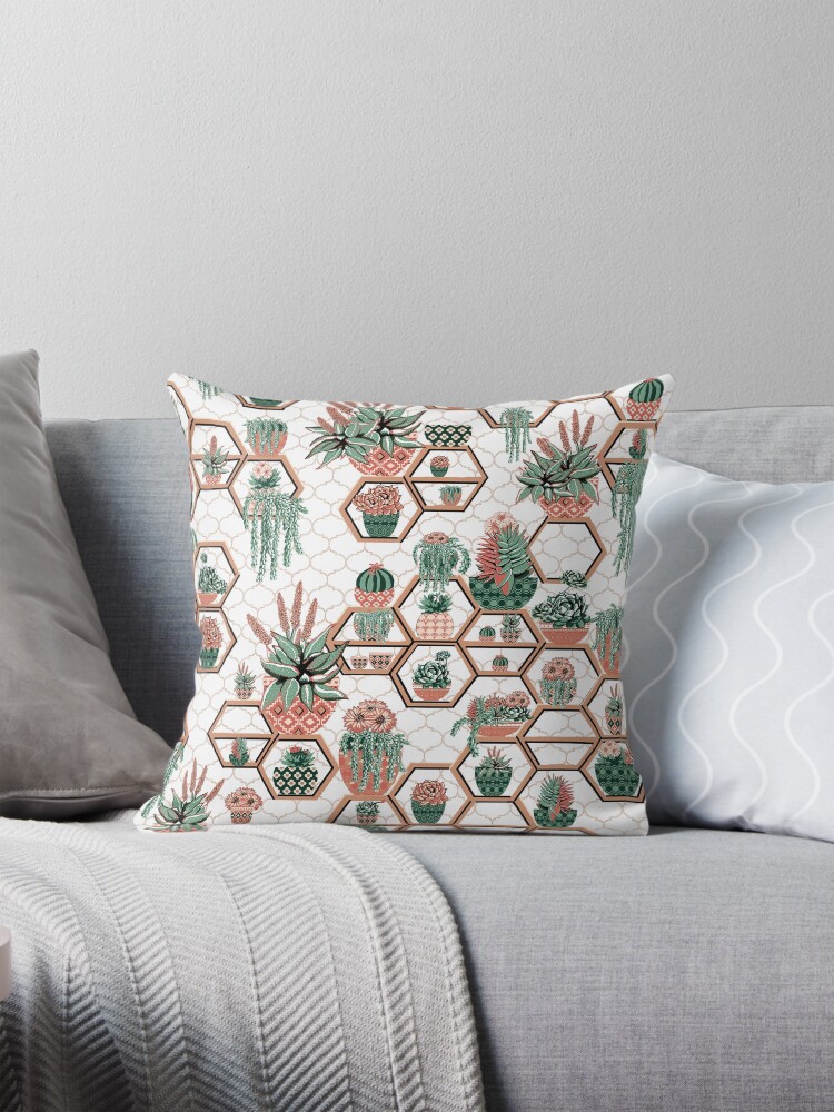 Thumbnail 1 of 4, Pillow, Cacti and Succulent Hexagon Moroccan Garden designed and sold by MagentaRose.