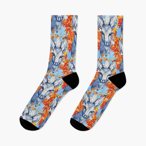 Item preview, Fawn in stylized geometric portrait, in blue, against a backdrop of orange-brown autumn leaves designed and sold by Creativesphotos.